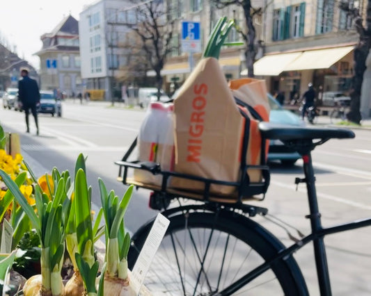 PACKI der Velokorb mit Papiertaasche und 6er-Pack Milch