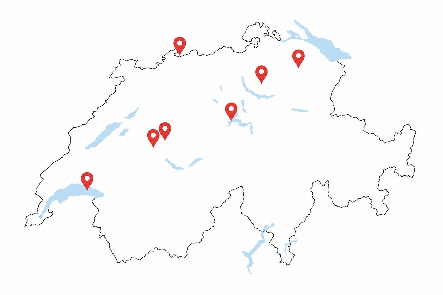 Schweizerkarte mit einer Übersicht mit Stecknadeln wo überall das PACKI von velokiste und ach der CARGO von veloksite erhältlich ist.