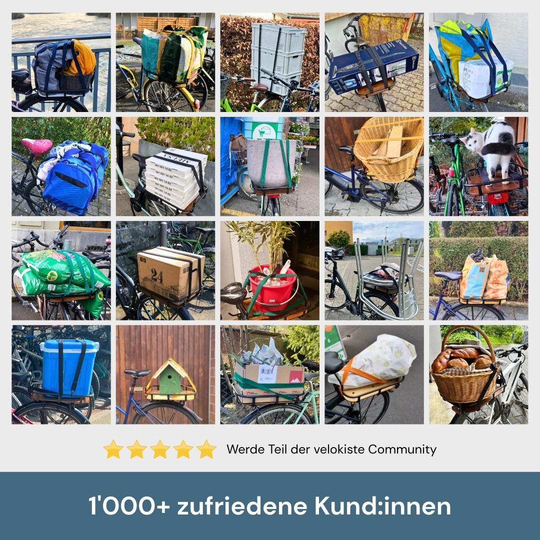 Reviews von Kunden die den Velokorb PACKI im Einsatz haben. Es zeigt Ladungen auf dem Velokorb PACKI mit dem Titel über 1000 glückliche Kunden und kindinnen