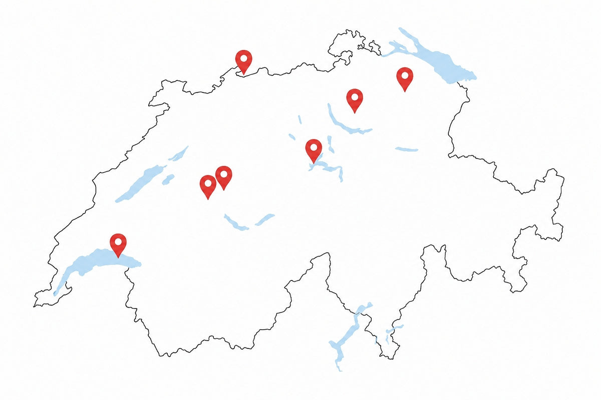 Schweizerkarte mit einer Übersicht mit Stecknadeln wo überall das PACKI von velokiste und ach der CARGO von veloksite erhältlich ist. 