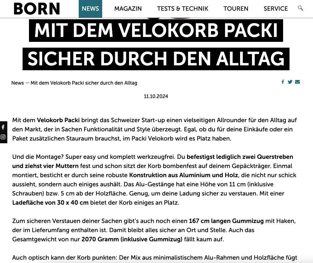 Screenshot aus dem Testbericht im BORN Magazin über den Velokorb PACKI