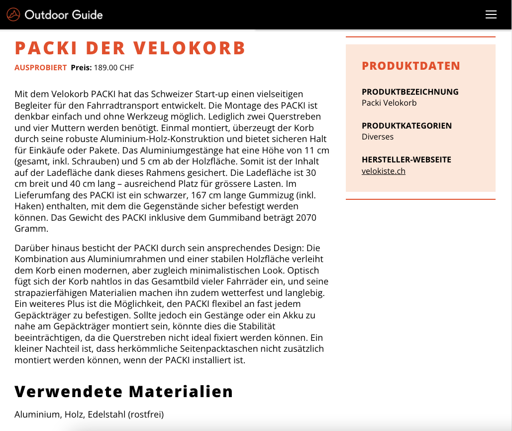 Screenshot aus dem Testbericht im Outdoor Guide über den Velokorb PACKI