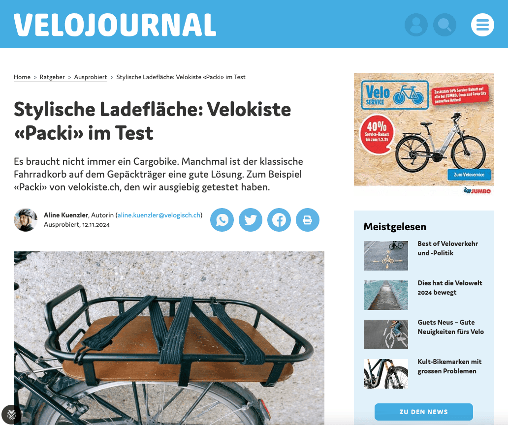 Screenshot aus dem Testbericht im Velojournal über den Velokorb PACKI