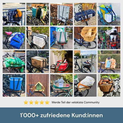 Reviews von Kunden die den Velokorb PACKI im Einsatz haben. Es zeigt Ladungen auf dem Velokorb PACKI mit dem Titel über 1000 glückliche Kunden und kindinnen