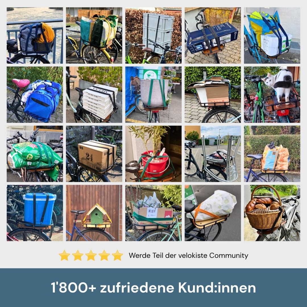Reviews von Kunden die den Velokorb PACKI im Einsatz haben. Es zeigt Ladungen auf dem Velokorb PACKI mit dem Titel über 1000 glückliche Kunden und kindinnen