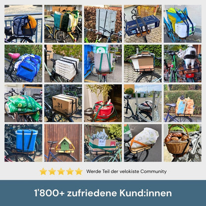 Reviews von Kunden die den Velokorb PACKI im Einsatz haben. Es zeigt Ladungen auf dem Velokorb PACKI mit dem Titel über 1000 glückliche Kunden und kindinnen